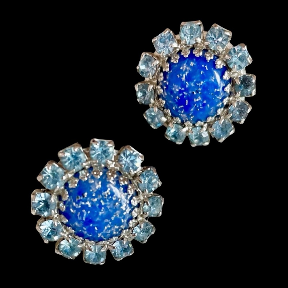 Vintage Blue Confetti Lucite And Rhinestone Screwback Earrings